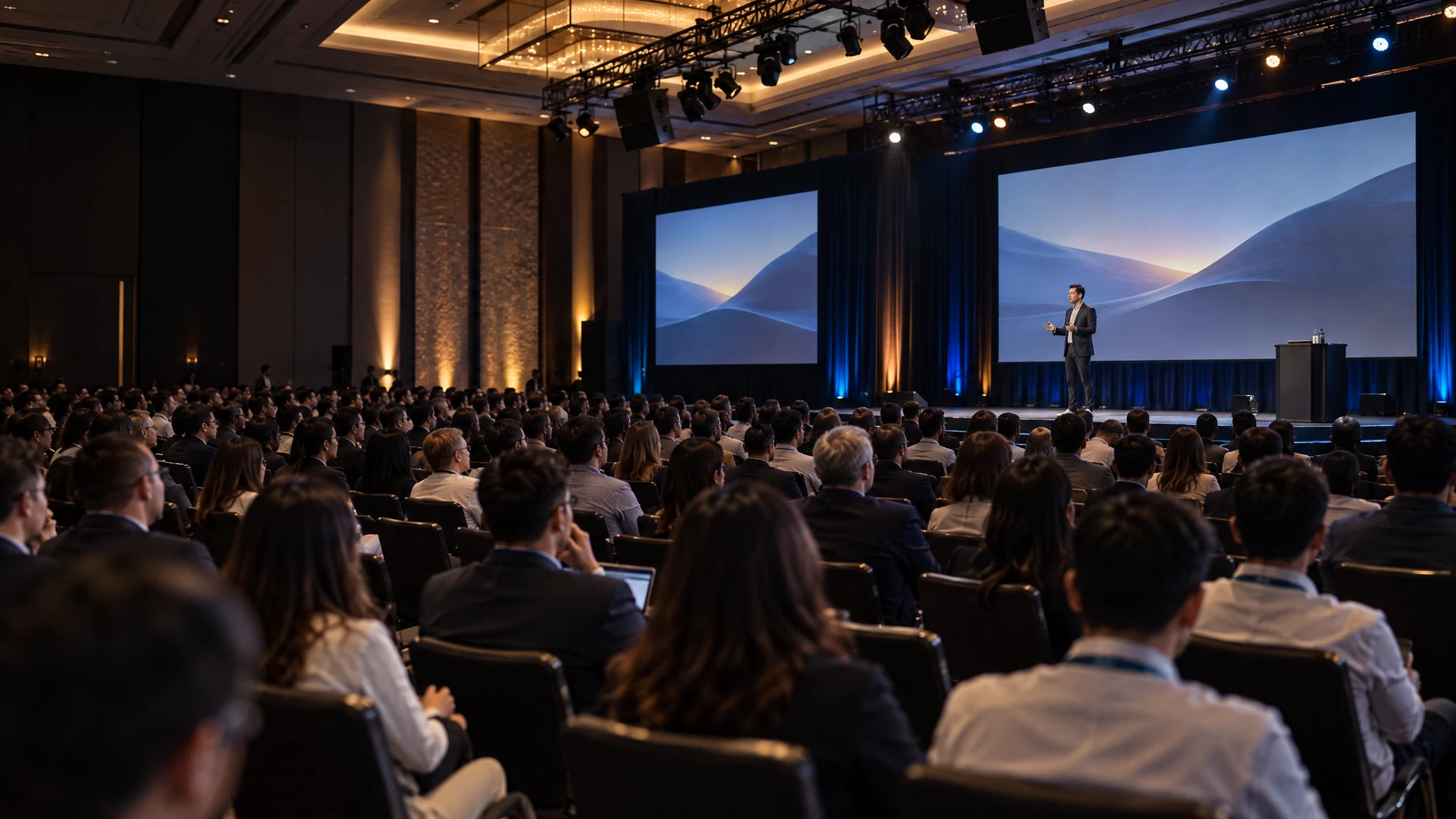 Illustrative conference audience listening to a speaker in a modern ballroom