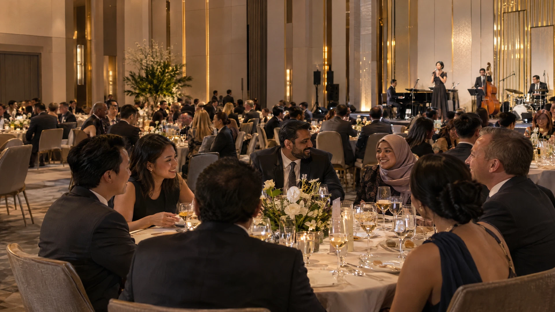 Illustrative grand corporate gala with guests enjoying dinner and a live programme on stage