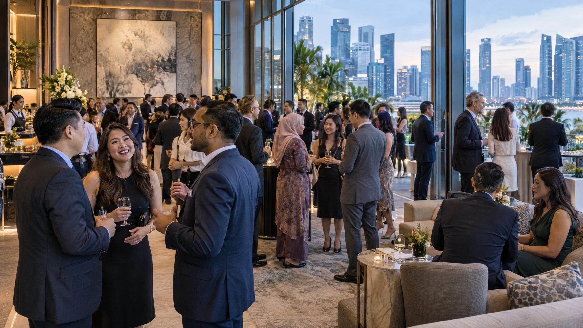 Illustrative premium networking reception with a substantial multicultural crowd connecting over refreshments
