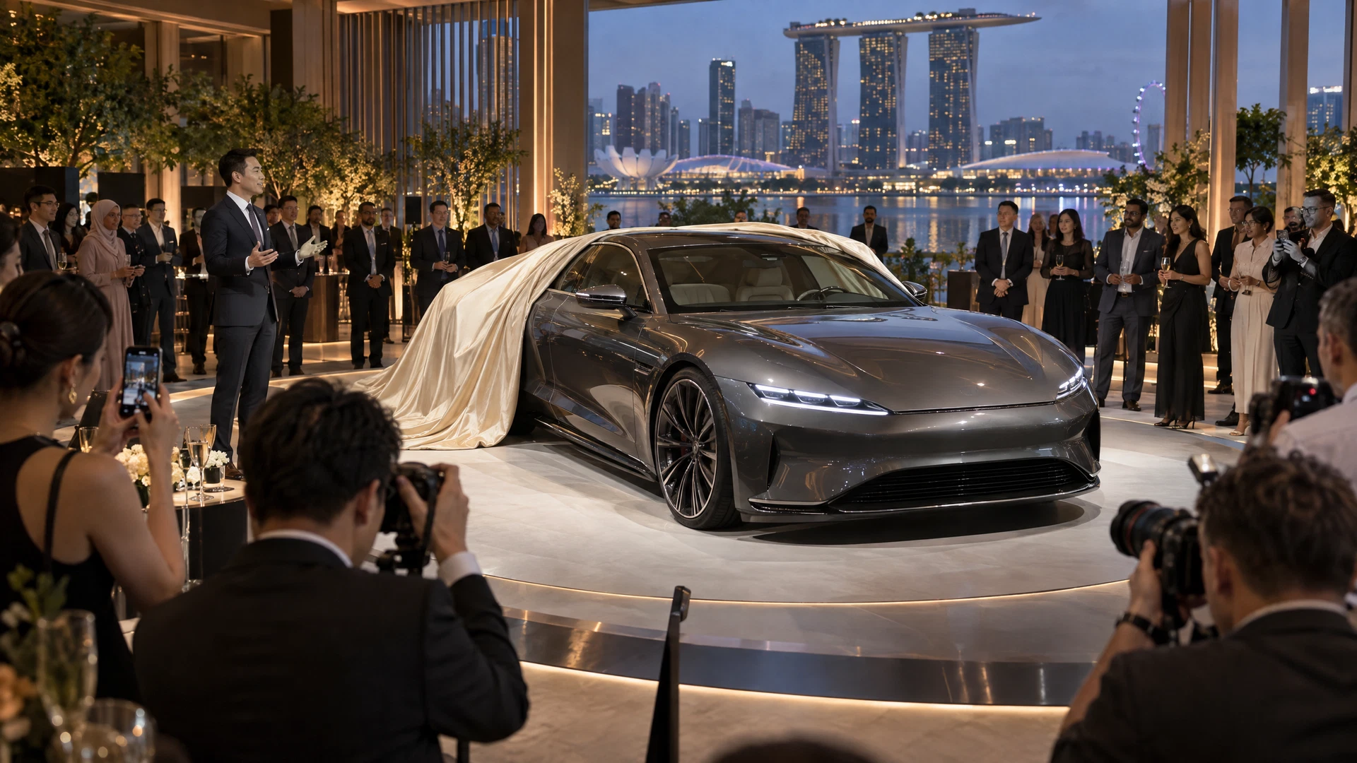 Illustrative private product showcase with an unbranded car reveal, invited guests and event photographers