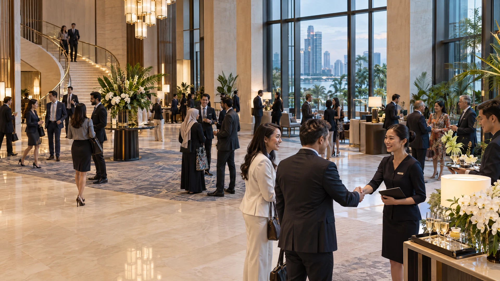 Original illustrative scene of attentive hosts welcoming diverse corporate guests into a grand contemporary event foyer
